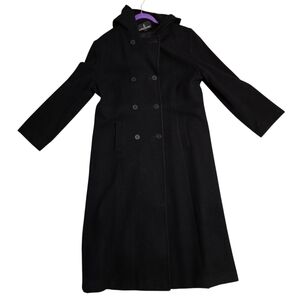 London Fog Vtg Wool Long Black Hooded Coat Overcoat 14 Classic